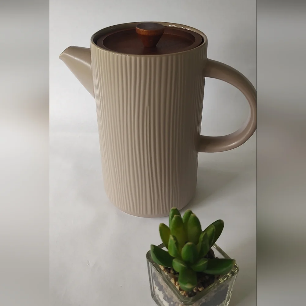 Project 62 Ribbed Ceramic Teapot in Brown with Wooden Knob